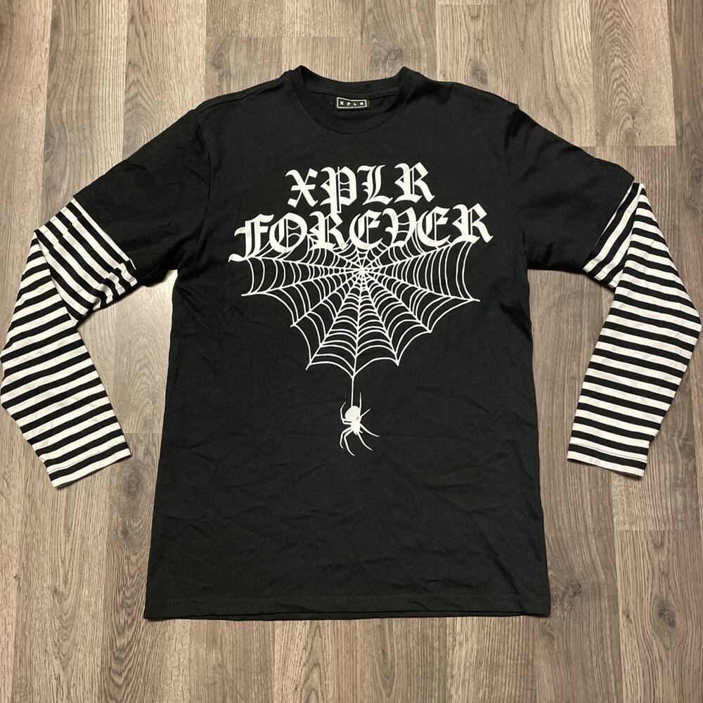 XPLR Sam & Colby Spider Web Layered Long Sleeve Shirt Black Striped Medium Emo